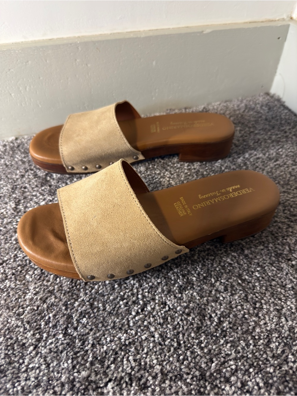 Verderosmarino Made in Tuscany Italy Suede Leather Wood Slide Sandals EU 40 (9)